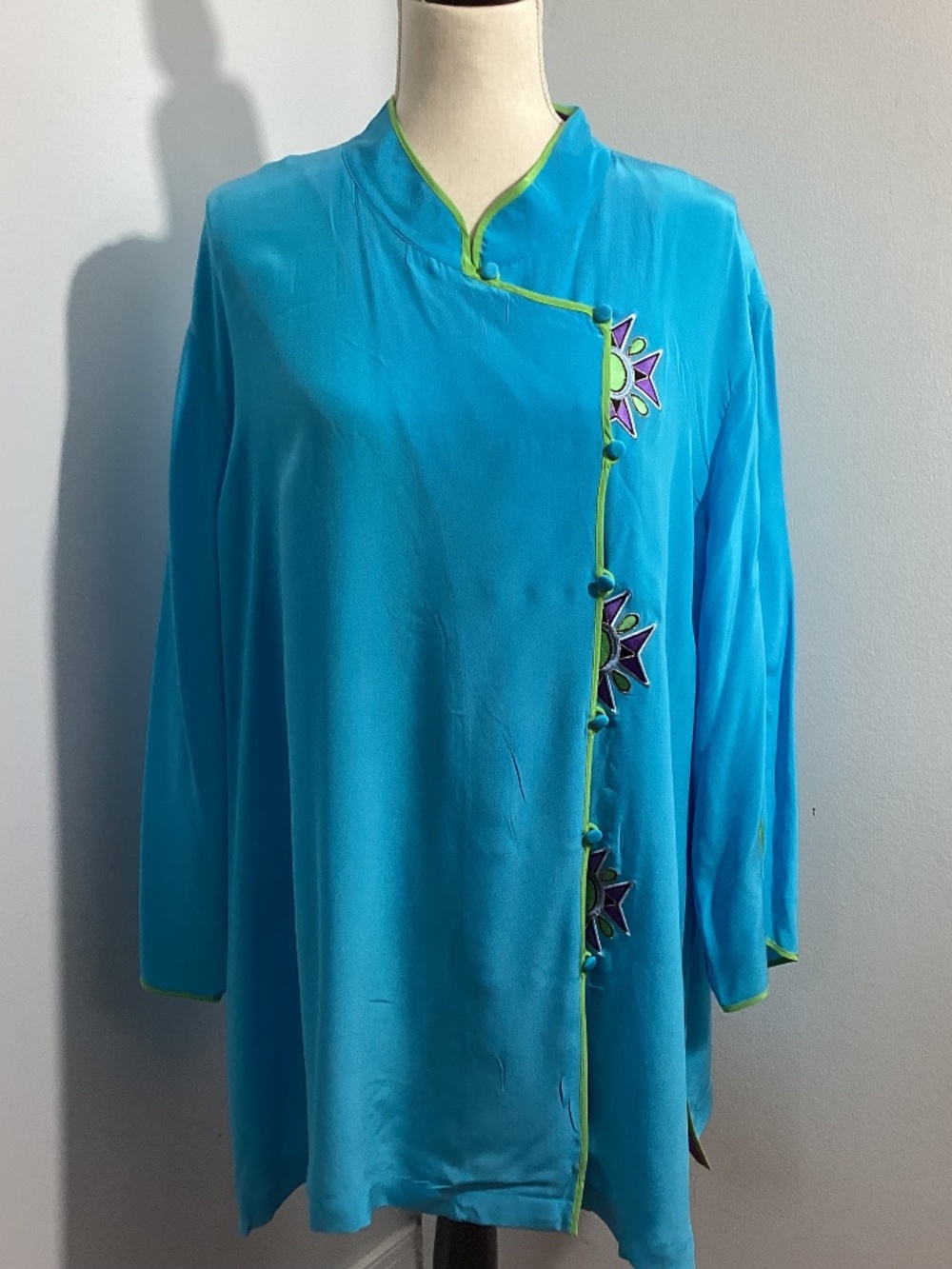 NWT BOB MACKIE WEARABLE ART 3X 100% SILK TUNIC JACKET TURQUOIS PURPLE EMBROIDERY